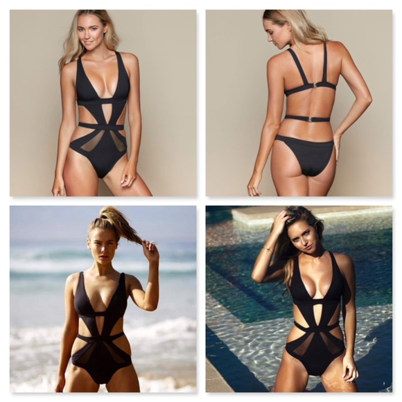 Strappy Mesh Detail One Piece Swimsuit Black - Picture 2 of 8